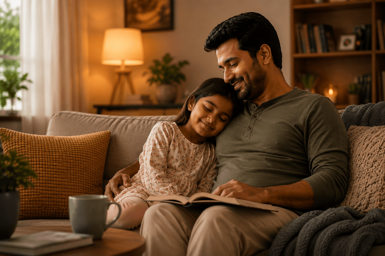 A father and his daughter relaxing together at home